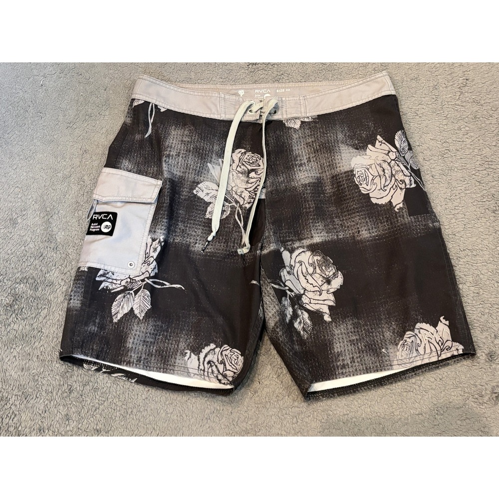 RVCA Oblow Rose Print Board Shorts Mens 32 Black Grey ANP Artist Series Trunks